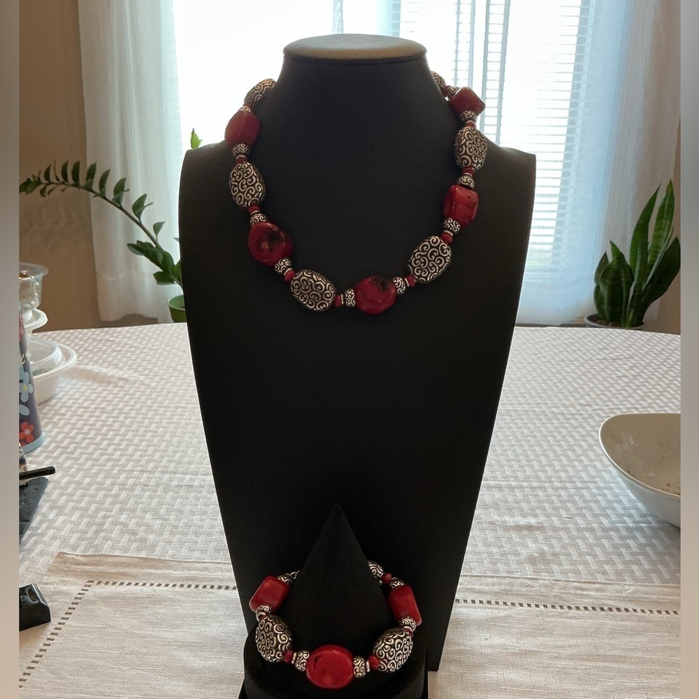Brighton Red and Silver Full Moon Rising Silver Tone Necklace and Bracelet Set
